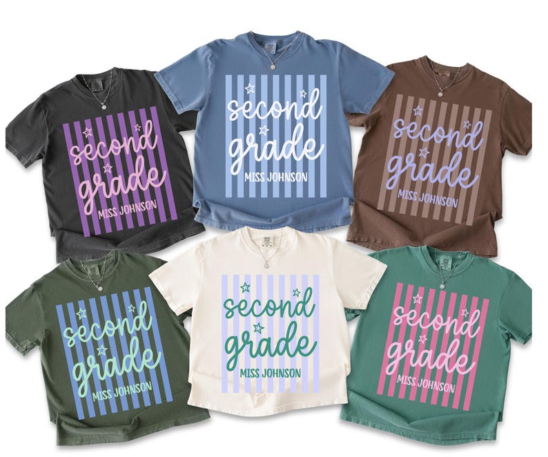 May include: Six short-sleeve t-shirts in various colors including black, blue, brown, olive green, cream, and teal. Each shirt features a central graphic with vertical stripes, the text "second grade" in script, and "MISS JOHNSON".