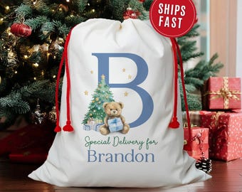 Custom Boy Santa Bag, Personalized Boy's Initial Christmas Santa Gift Sack for Boy's Christmas Name Initial Christmas Santa Present Bag, S8