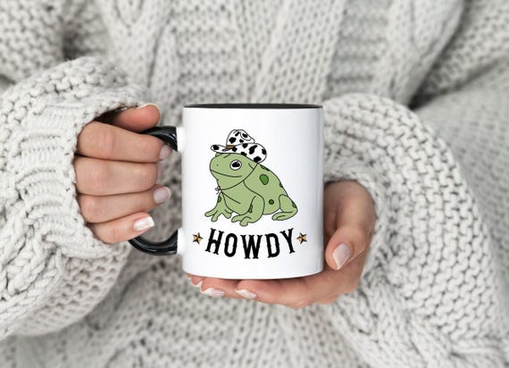 Cowboy Frog Mug, frog in cowboy hat mug, funny frog cup, cute toad mug, frog lover gift, cottagecore frog, howdy western mug