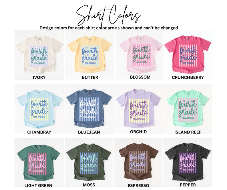 May include: A collection of twelve short-sleeve t-shirts in various colors including ivory, butter, blossom, crunchberry, chambray, bluejean, orchid, island reef, light green, moss, espresso, and pepper, each featuring a fourth grade graphic print.