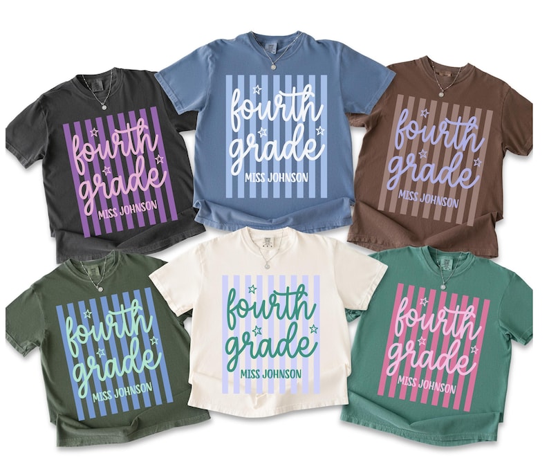 May include: Six short-sleeve crew neck t-shirts in black, blue, brown, olive green, cream, and teal. Each shirt features a central graphic with vertical stripes, the text "fourth grade" in script, small star icons, and "MISS JOHNSON" below.