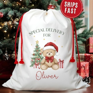 May include: White Christmas gift bag with red drawstring. The bag features a teddy bear wearing a Santa hat, a Christmas tree, and the text "Special Delivery For Oliver". Presents and a Christmas tree are in the background.