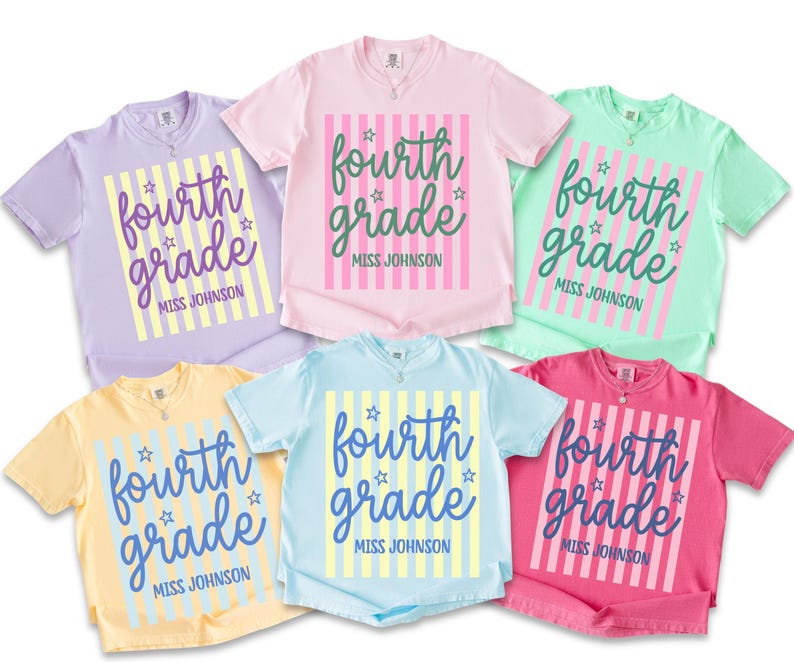 May include: Six short-sleeve t-shirts in pastel colors, each featuring a central rectangular graphic with vertical stripes, small star accents, and the text "fourth grade" in cursive script followed by the name "MISS JOHNSON" in block letters.