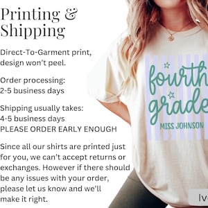 May include: An ivory t-shirt featuring a graphic design with light purple vertical stripes, the text "fourth grade" in a teal cursive font, small teal stars, and the name "MISS JOHNSON" in a teal sans-serif font printed on the front.