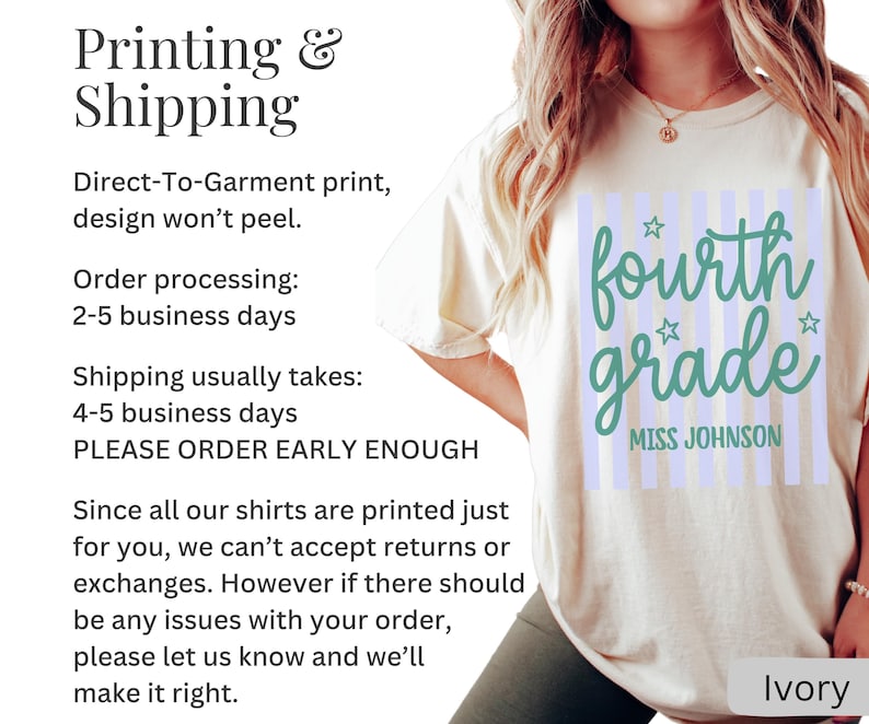 May include: An ivory t-shirt featuring a graphic design with light purple vertical stripes, the text "fourth grade" in a teal cursive font, small teal stars, and the name "MISS JOHNSON" in a teal sans-serif font printed on the front.