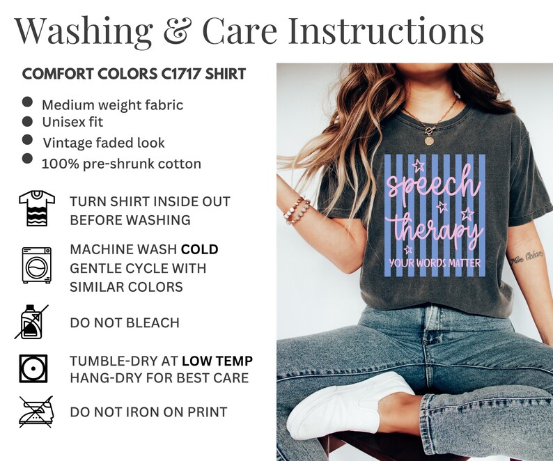 May include: A charcoal gray short-sleeve t-shirt featuring a graphic with vertical light blue stripes, pink cursive text reading speech therapy, and small star outlines. Below the text, the words YOUR WORDS MATTER are printed in white.