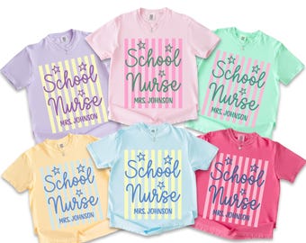 Comfort Colors School Nurse Shirt, School Nurse Gift TShirt, Back To School Nurse Tee, Cute Stripes Custom Name School Nurse Shirts, TS44