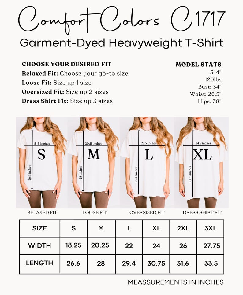 K&ouml;nnte beinhalten: Eine Gr&ouml;&szlig;entabelle f&uuml;r das Comfort Colors 1717 T-Shirt aus schwerem, st&uuml;ckgef&auml;rbtem Stoff. Sie zeigt vier wei&szlig;e T-Shirts mit den Bezeichnungen S, M, L und XL sowie Breiten- und L&auml;ngenma&szlig;e in Zoll. Eine Tabelle listet die Gr&ouml;&szlig;en S bis 3XL mit Ma&szlig;en.