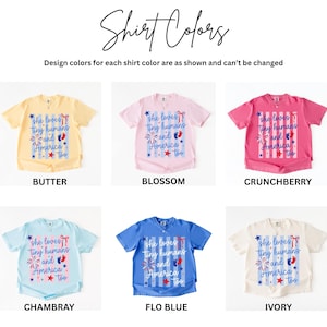 May include: Six short-sleeve t-shirts in butter, blossom, crunchberry, chambray, flo blue, and ivory. Each shirt features the text 'she loves tiny humans and America too' with a red bow, blue footprints, a firework, and red and blue stars.