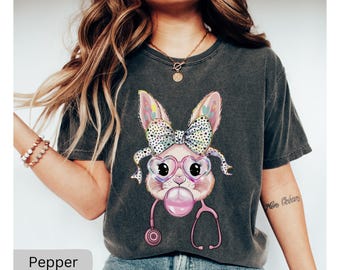 Comfort Colors Easter Nurse Shirt, Nurse Bunny Easter TShirt, Bunny Ears RN Shirt, Registered Nurse Easter T-Shirt, Coquette Nurse Tee