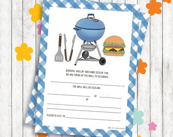 May include: A blue and white checkered invitation with a cartoon illustration of a grill, spatula, tongs, and a hamburger. The text reads "Burgers, Grillin' and some Sizzlin' Fun. We are firing up the grill to celebrate. The grill will be sizzling at ____ at ____. Please R.S.V.P. to ____."