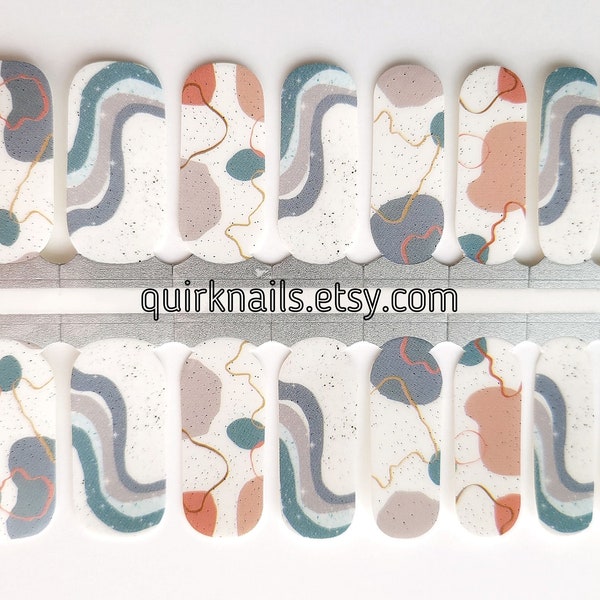 MINIMALIST ABSTRACT art nail wraps in muted colors, neutral rainbow nail strips, modern shapes nail design