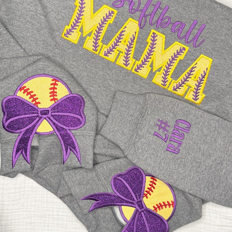Softball Baseball Mama, Cute mama sweatshirt, shirt, Embroidered softball sweatshirt with side bows, monogrammed softball crewneck sweater