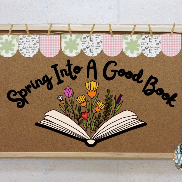 Frühling in einem guten Buch Bulletin Board Kit zum Ausdrucken | Türdekoration | Lektüre | Bibliothek | Natur | Blüten