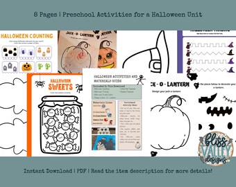 Puede incluir: Un conjunto de ocho páginas de actividades de Halloween imprimibles para niños de preescolar. Las páginas incluyen actividades como contar, trazar y colorear. Las páginas presentan imágenes de calabazas, fantasmas, murciélagos, arañas y dulces.