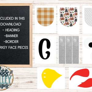 May include: A printable Thanksgiving turkey craft set with a black letter C, a white banner with a gray polka dot pattern, a white border with a gray polka dot pattern, a white turkey face with black eyes, a yellow beak, and red wattles.