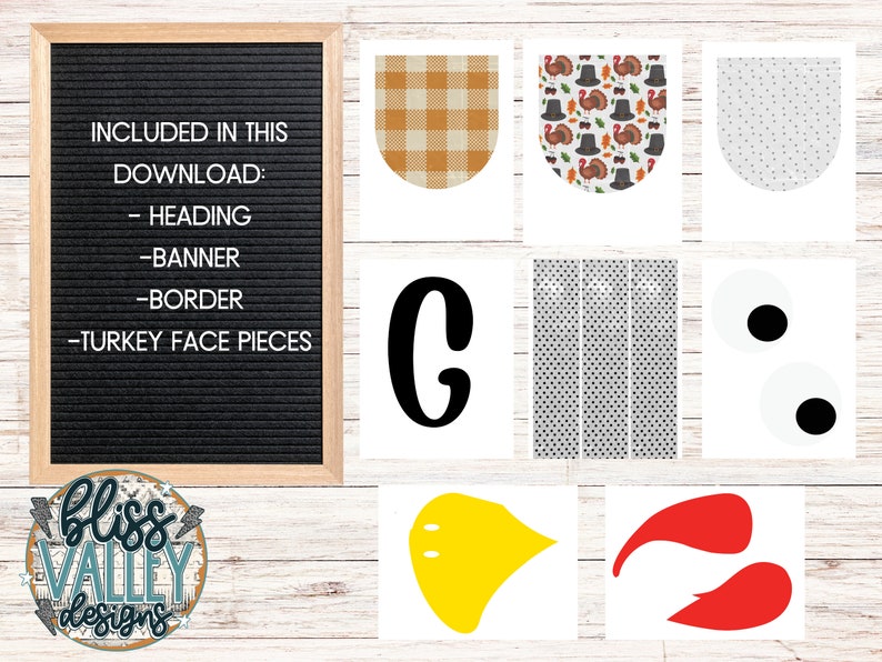 May include: A printable Thanksgiving turkey craft set with a black letter C, a white banner with a gray polka dot pattern, a white border with a gray polka dot pattern, a white turkey face with black eyes, a yellow beak, and red wattles.