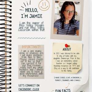 May include: A white page with a handwritten message about the owner of Bliss Valley Designs. The page includes a photo of the owner, a smiling face, and the text "HELLO, I'M JAMIE". The page also includes the text "IMPORTANT!!", "ABOUT", "LET'S CONNECT ON FACEBOOK! CLICK TO JOIN OUR GROUP!" and "FUN FACTS".