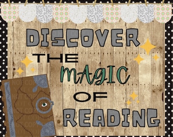 May include: A wooden sign with a rustic background and a banner of white and green fabric. The sign says "Discover the magic of reading" with a book with an eye on the cover.