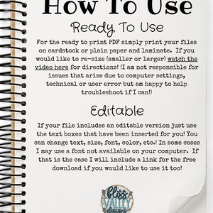 May include: A notebook page with instructions on how to use a printable PDF file. The text includes information about printing, resizing, and editing the file. The page also includes a logo for Bliss Valley Designs.