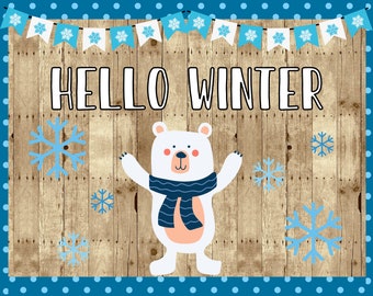 Hello Winter Polar Bear Classroom Bulletin Board Kit | Instant Download | Décor For Teachers | Winter Door Decoration | Snowflake