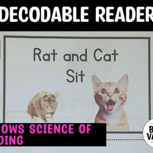 以下が含まれることがあります： 「Rat and Cat Sit」というタイトルのデコード可能なリーダーで、ネズミと猫のイラストが描かれています。「FOLLOWS SCIENCE OF READING」というテキストも表示されています。Bliss Valley Classroomのロゴが右下にあります。