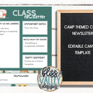 Editable Camp Theme Printable Class Newsletter Template / Teacher Resources / Elementary School / Homeschool / Back to School / Canva