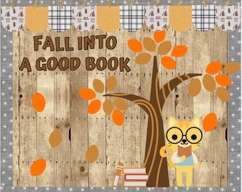May include: A wooden sign with the text "Fall into a good book" and a cartoon cat wearing glasses and reading a book. The cat is sitting under a tree with orange and brown leaves.
