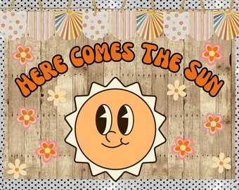 Here Comes the Sun Classroom Bulletin Board Kit | May Flowers | Door Decoration | Spring | Summer | Retro | Birthday Party Decorations