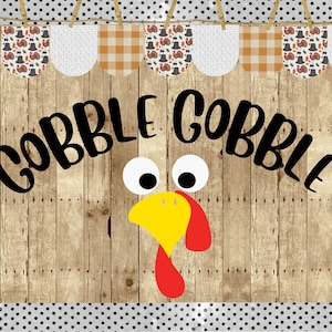 May include: A wooden sign with the text "Cobble Cobble" in black lettering. A cartoon turkey face with large eyes and a red wattle is below the text. The background is a woodgrain pattern with a white polka dot border.