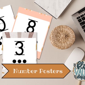 May include: Three printable number posters with a minimalist design. The numbers 10, 8, and 3 are displayed in black with a white background. Each poster features a different pattern of brown and beige stripes, dots, and abstract shapes.