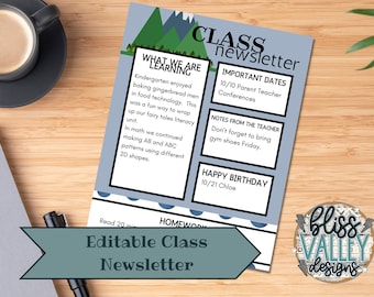 Editable Mountain Adventure Printable Class Newsletter Template | Nature | Blue and Green | Teacher Resources | Canva | Business