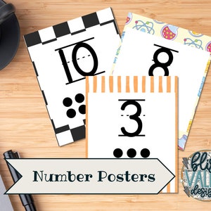 May include: Three printable number posters with black numbers and orange and white stripes. The numbers are 10, 8, and 3. Each poster has a different background pattern. The posters are labeled "Number Posters".