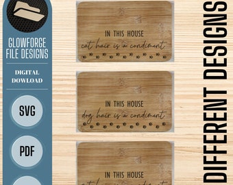 Paquete de tabla de cortar, pelo de gato, pelo de perro, condimento para el cabello de mascotas, archivo de tabla de cortar Glowforge SVG, archivo de grabado láser divertido, archivo digital