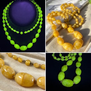 Yellow Uranium Satin Glass Necklace Large, Heavy Beads Vintage Czech Jewellery, Hand Knotted, Push in Brass Glass Clasp