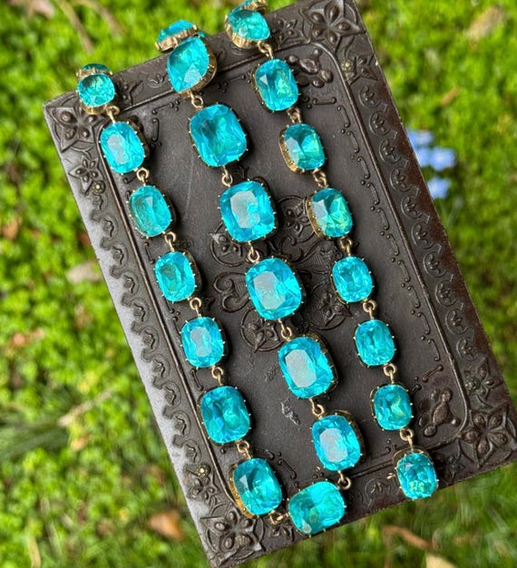 Fine Antique 9ct Yellow Gold Turquoise Blue Green Paste Riviere Necklace Late Georgian/ Early Victorian, Antique Period Jewellery Collet Set
