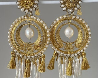 Mercedes Salazar Große baumeln Clip auf filigrane Ohrringe Gold Ton Perle & Quasten Statement Schmuck Vintage