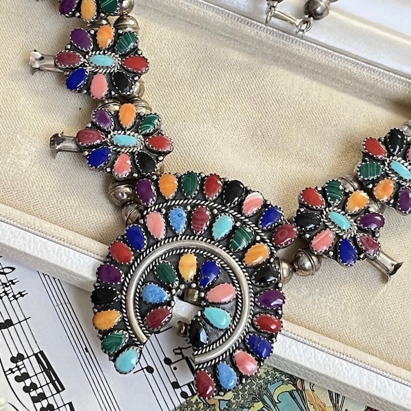 Native American Navajo Rainbow Multi Stone Squash Blossom Necklace Signed BB Sawtooth Bezel Set & Navajo Pearls