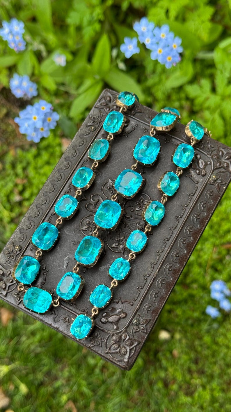 Fine Antique 9ct Yellow Gold Turquoise Blue Green Paste Riviere Necklace Late Georgian/ Early Victorian, Antique Period Jewellery Collet Set image 8