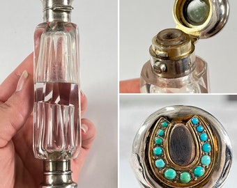 Antique Victorian Double Ended Clear Glass Scent Bottle Turquoise Horseshoe