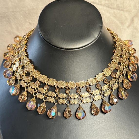 Collier Sautoir Vintage En Perles De Verre Irisées Doré (Occasion)