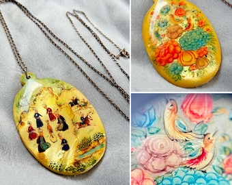Large Hand Painted Persian Reversible Pendant Floral & Village Scene, Vintage Necklace, Mother Of Pearl Jewellery
