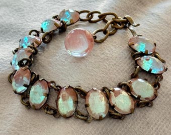 Saphiret Glass & Brass Czech Bracelet w/ Orb Dangle, Vintage Czech Jewellery, Czechoslovakia Bracelet, Brown Blue Gold Fused Glass