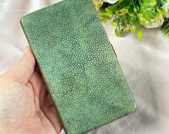 Shagreen Large Vintage Card Cigarette Speckled Mottled Green Gold Tone Inner, Made In England Collectible Case