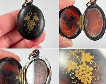 Victorian Pique Locket Brass Inlay Tortoiseshell Grape Bunch Glass Insert Sentimental Antique