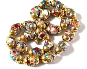 Rainbow Confetti Foil Glass Bead Necklace Brass Flower Bead Caps Czech? Antique Vintage Glass Beads