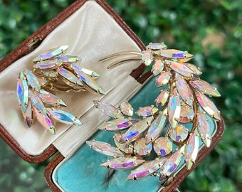 Sherman Signed Pastel Aurora Borealis AB Swirl Leaf Navette Brooch & Clip On Earring Set Vintage