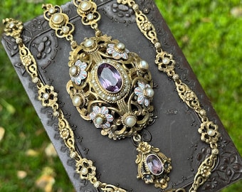 Austro Hungarian Silver Gilt, Enamel & Synthetic Alexandrite Necklace Vintage
