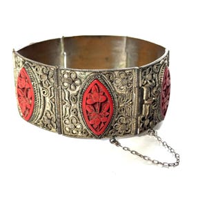 Chinese Export Carved Cinnabar Floral Silver Tone Panel Cuff Bracelet, Vintage China Jewellery, Filigree Work