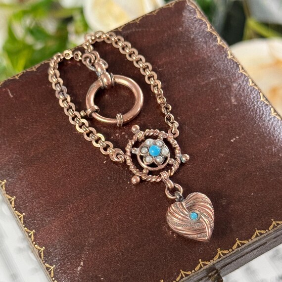 Victorian Rose Gold Plated Watch Fob Chain Heart Turquoise Seed